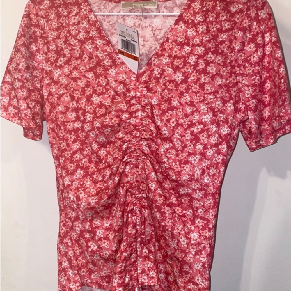 Michael Kors Red Floral V-Neck Blouse